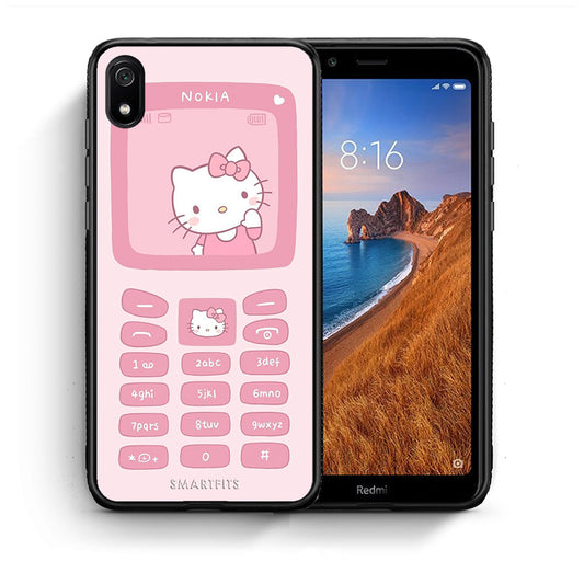 Θήκη Αγίου Βαλεντίνου Xiaomi Redmi 7A Hello Kitten από τη Smartfits με σχέδιο στο πίσω μέρος και μαύρο περίβλημα | Xiaomi Redmi 7A Hello Kitten case with colorful back and black bezels