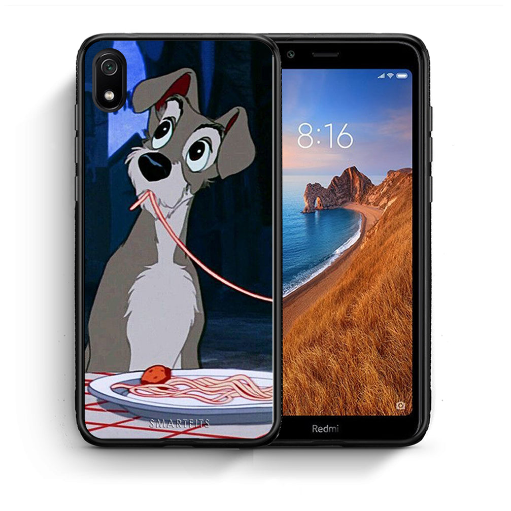 Θήκη Αγίου Βαλεντίνου Xiaomi Redmi 7A Lady And Tramp 1 από τη Smartfits με σχέδιο στο πίσω μέρος και μαύρο περίβλημα | Xiaomi Redmi 7A Lady And Tramp 1 case with colorful back and black bezels