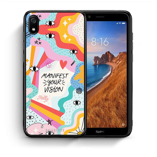 Θήκη Xiaomi Redmi 7A Manifest Your Vision από τη Smartfits με σχέδιο στο πίσω μέρος και μαύρο περίβλημα | Xiaomi Redmi 7A Manifest Your Vision case with colorful back and black bezels