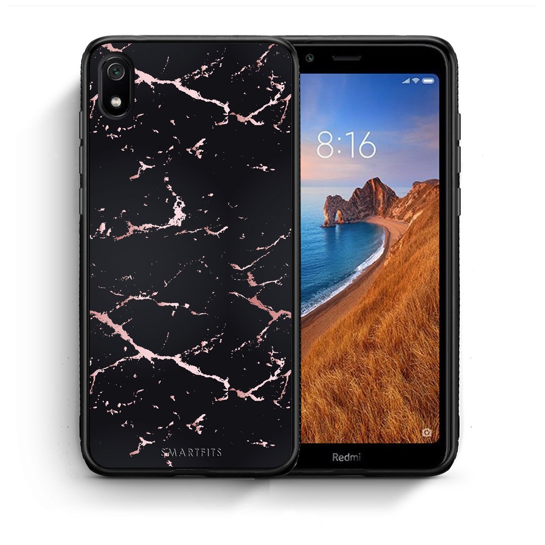 Θήκη Xiaomi Redmi 7A Black Rosegold Marble από τη Smartfits με σχέδιο στο πίσω μέρος και μαύρο περίβλημα | Xiaomi Redmi 7A Black Rosegold Marble case with colorful back and black bezels