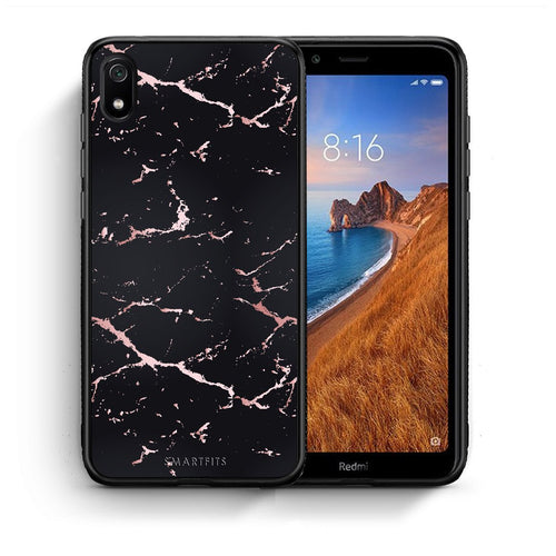 Θήκη Xiaomi Redmi 7A Black Rosegold Marble από τη Smartfits με σχέδιο στο πίσω μέρος και μαύρο περίβλημα | Xiaomi Redmi 7A Black Rosegold Marble case with colorful back and black bezels