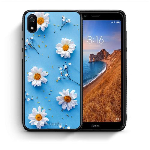 Θήκη Xiaomi Redmi 7A Real Daisies από τη Smartfits με σχέδιο στο πίσω μέρος και μαύρο περίβλημα | Xiaomi Redmi 7A Real Daisies case with colorful back and black bezels