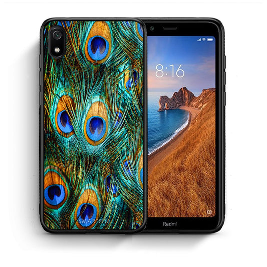 Θήκη Xiaomi Redmi 7A Real Peacock Feathers από τη Smartfits με σχέδιο στο πίσω μέρος και μαύρο περίβλημα | Xiaomi Redmi 7A Real Peacock Feathers case with colorful back and black bezels