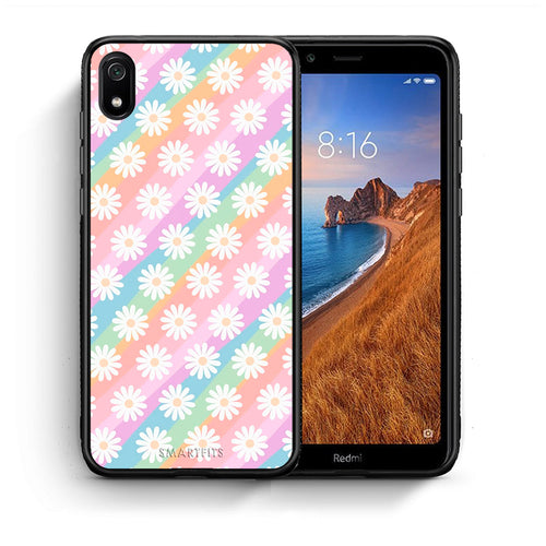 Θήκη Xiaomi Redmi 7A White Daisies από τη Smartfits με σχέδιο στο πίσω μέρος και μαύρο περίβλημα | Xiaomi Redmi 7A White Daisies case with colorful back and black bezels