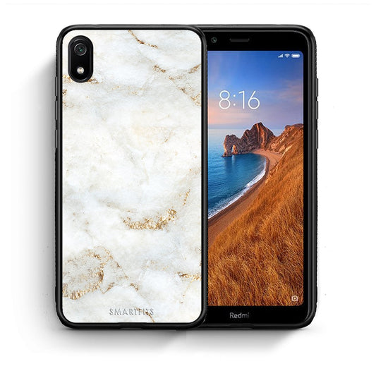 Θήκη Xiaomi Redmi 7A White Gold Marble από τη Smartfits με σχέδιο στο πίσω μέρος και μαύρο περίβλημα | Xiaomi Redmi 7A White Gold Marble case with colorful back and black bezels