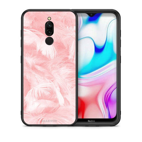 Θήκη Xiaomi Redmi 8 Pink Feather Boho από τη Smartfits με σχέδιο στο πίσω μέρος και μαύρο περίβλημα | Xiaomi Redmi 8 Pink Feather Boho case with colorful back and black bezels