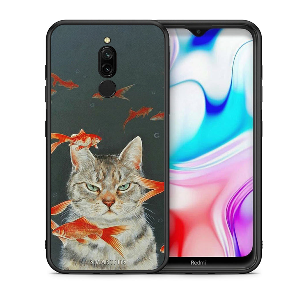 Θήκη Xiaomi Redmi 8 Cat Goldfish από τη Smartfits με σχέδιο στο πίσω μέρος και μαύρο περίβλημα | Xiaomi Redmi 8 Cat Goldfish case with colorful back and black bezels