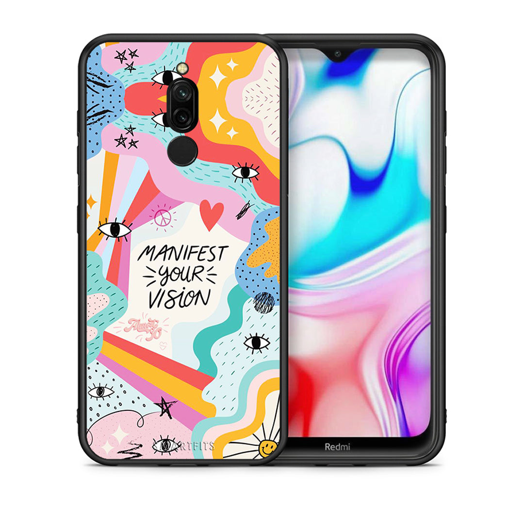 Θήκη Xiaomi Redmi 8 Manifest Your Vision από τη Smartfits με σχέδιο στο πίσω μέρος και μαύρο περίβλημα | Xiaomi Redmi 8 Manifest Your Vision case with colorful back and black bezels