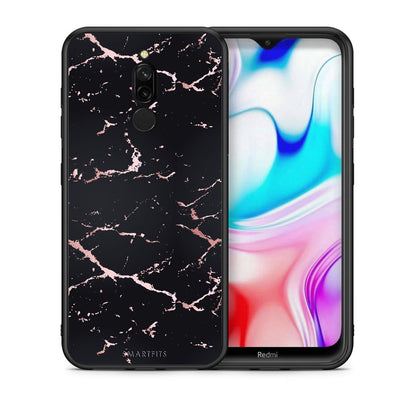 Θήκη Xiaomi Redmi 8 Black Rosegold Marble από τη Smartfits με σχέδιο στο πίσω μέρος και μαύρο περίβλημα | Xiaomi Redmi 8 Black Rosegold Marble case with colorful back and black bezels