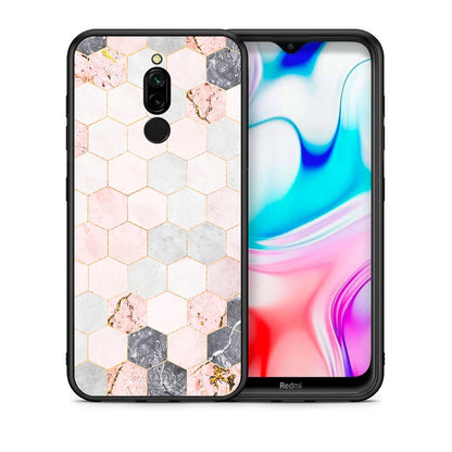Θήκη Xiaomi Redmi 8 Hexagon Pink Marble από τη Smartfits με σχέδιο στο πίσω μέρος και μαύρο περίβλημα | Xiaomi Redmi 8 Hexagon Pink Marble case with colorful back and black bezels