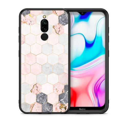 Θήκη Xiaomi Redmi 8 Hexagon Pink Marble από τη Smartfits με σχέδιο στο πίσω μέρος και μαύρο περίβλημα | Xiaomi Redmi 8 Hexagon Pink Marble case with colorful back and black bezels