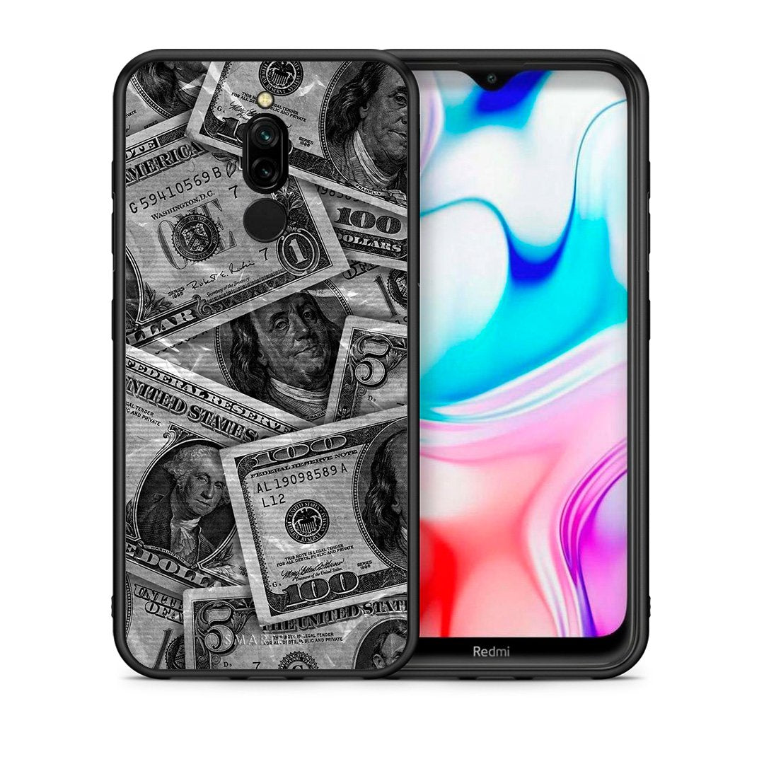 Θήκη Xiaomi Redmi 8 Money Dollars από τη Smartfits με σχέδιο στο πίσω μέρος και μαύρο περίβλημα | Xiaomi Redmi 8 Money Dollars case with colorful back and black bezels