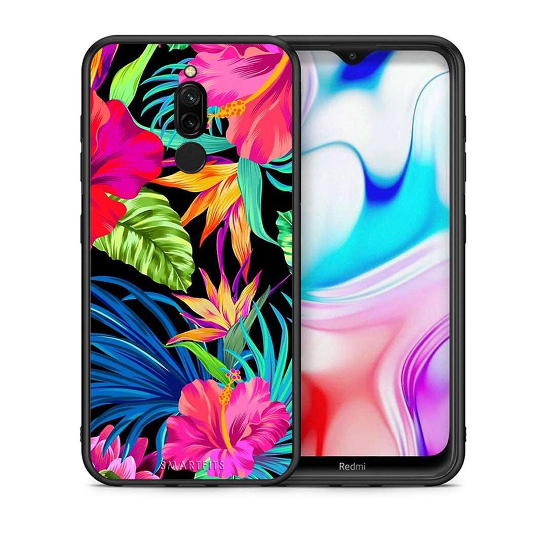 Θήκη Xiaomi Redmi 8 Tropical Flowers από τη Smartfits με σχέδιο στο πίσω μέρος και μαύρο περίβλημα | Xiaomi Redmi 8 Tropical Flowers case with colorful back and black bezels