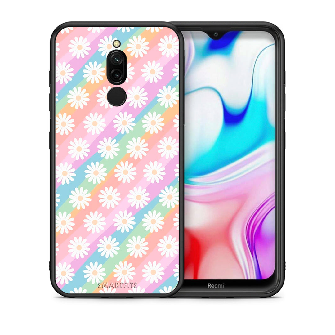 Θήκη Xiaomi Redmi 8 White Daisies από τη Smartfits με σχέδιο στο πίσω μέρος και μαύρο περίβλημα | Xiaomi Redmi 8 White Daisies case with colorful back and black bezels