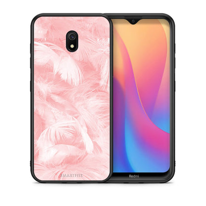 Θήκη Xiaomi Redmi 8A Pink Feather Boho από τη Smartfits με σχέδιο στο πίσω μέρος και μαύρο περίβλημα | Xiaomi Redmi 8A Pink Feather Boho case with colorful back and black bezels