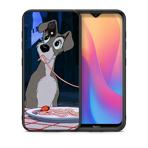 Θήκη Αγίου Βαλεντίνου Xiaomi Redmi 8A Lady And Tramp 1 από τη Smartfits με σχέδιο στο πίσω μέρος και μαύρο περίβλημα | Xiaomi Redmi 8A Lady And Tramp 1 case with colorful back and black bezels