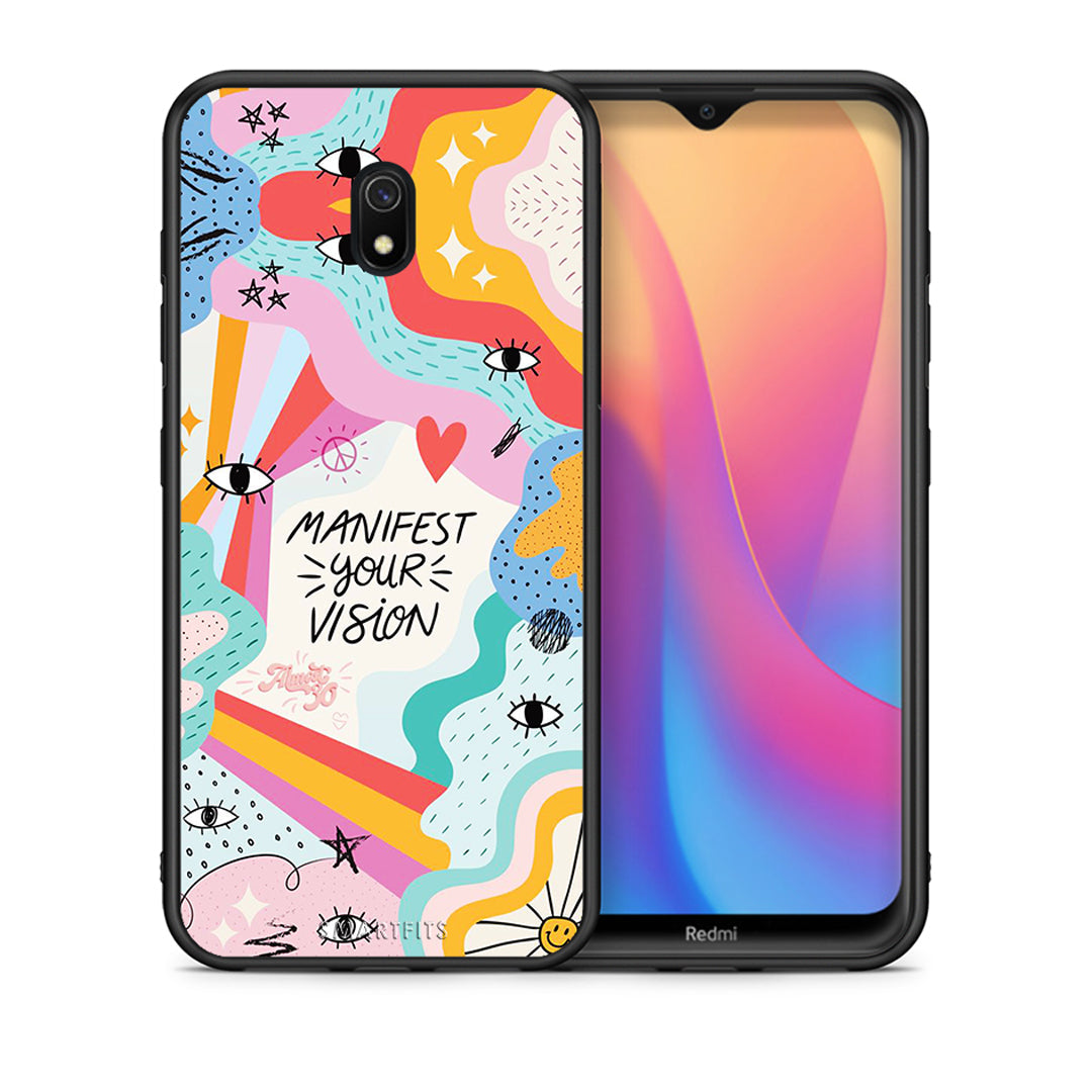 Θήκη Xiaomi Redmi 8A Manifest Your Vision από τη Smartfits με σχέδιο στο πίσω μέρος και μαύρο περίβλημα | Xiaomi Redmi 8A Manifest Your Vision case with colorful back and black bezels