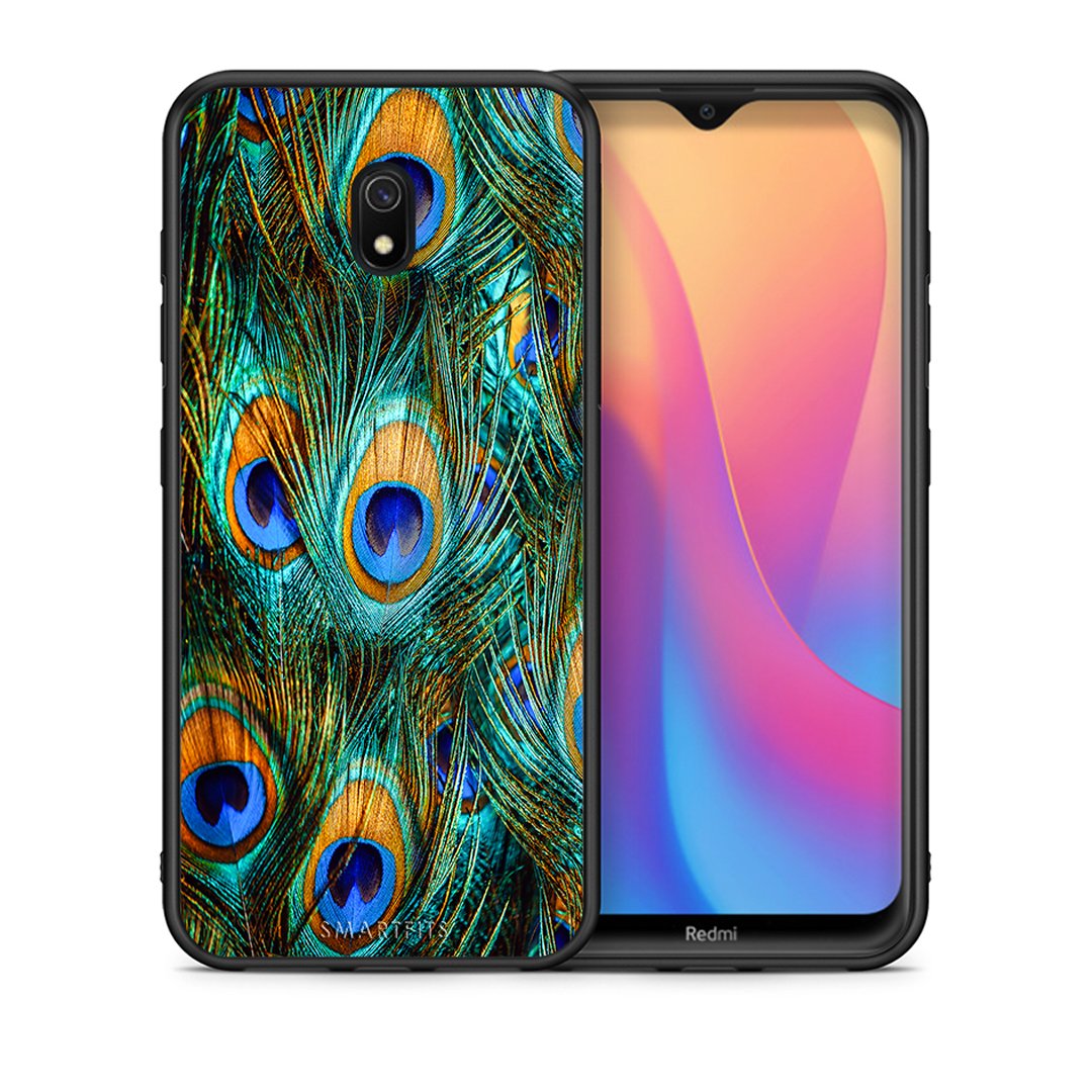 Θήκη Xiaomi Redmi 8A Real Peacock Feathers από τη Smartfits με σχέδιο στο πίσω μέρος και μαύρο περίβλημα | Xiaomi Redmi 8A Real Peacock Feathers case with colorful back and black bezels