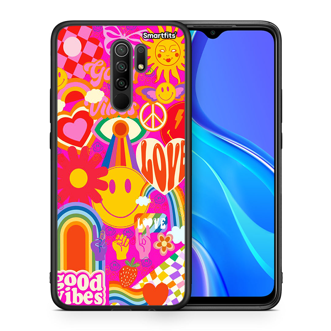 Θήκη Xiaomi Redmi 9/9 Prime Hippie Love από τη Smartfits με σχέδιο στο πίσω μέρος και μαύρο περίβλημα | Xiaomi Redmi 9/9 Prime Hippie Love case with colorful back and black bezels