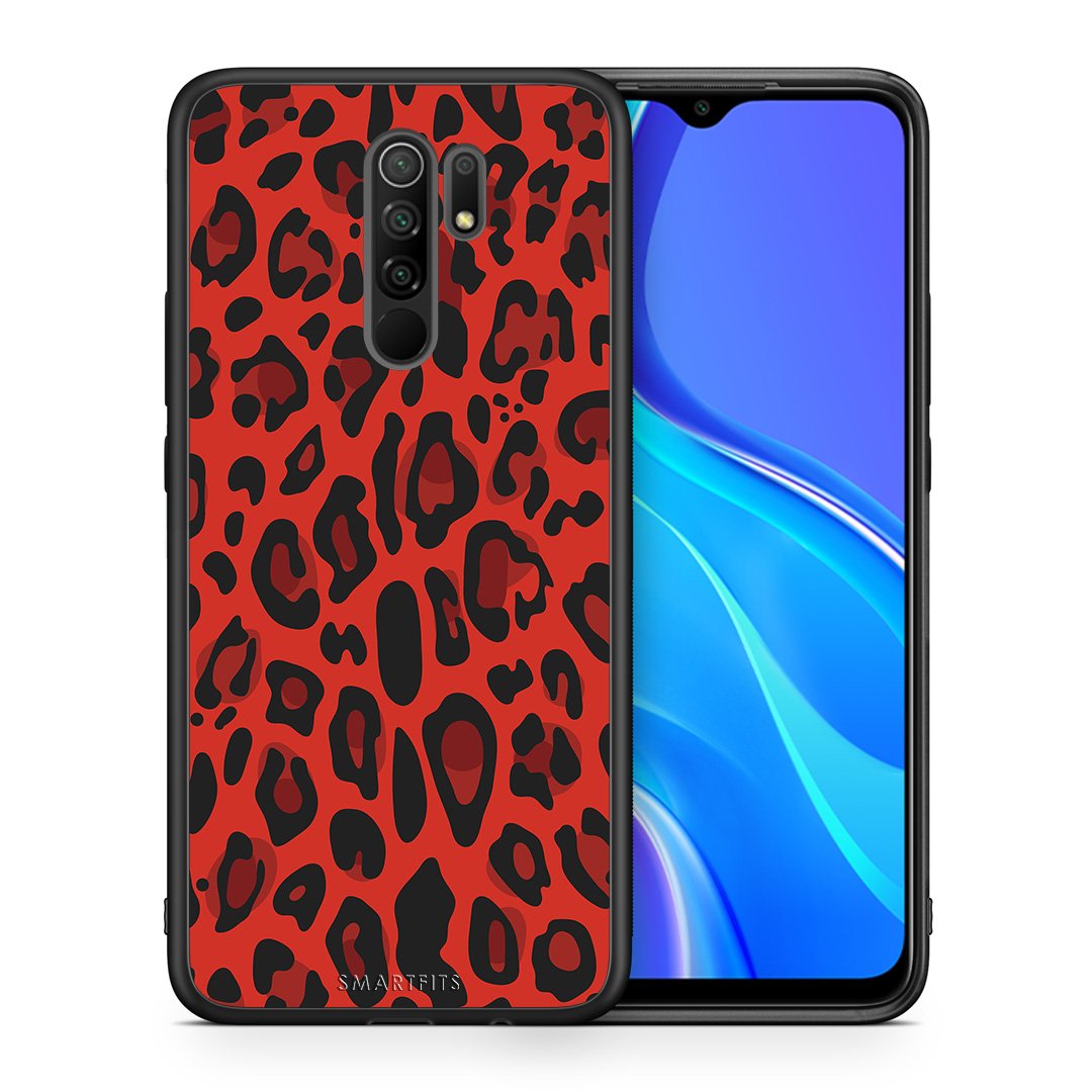 Θήκη Xiaomi Redmi 9/9 Prime Red Leopard Animal από τη Smartfits με σχέδιο στο πίσω μέρος και μαύρο περίβλημα | Xiaomi Redmi 9/9 Prime Red Leopard Animal case with colorful back and black bezels