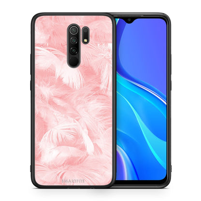 Θήκη Xiaomi Redmi 9/9 Prime Pink Feather Boho από τη Smartfits με σχέδιο στο πίσω μέρος και μαύρο περίβλημα | Xiaomi Redmi 9/9 Prime Pink Feather Boho case with colorful back and black bezels