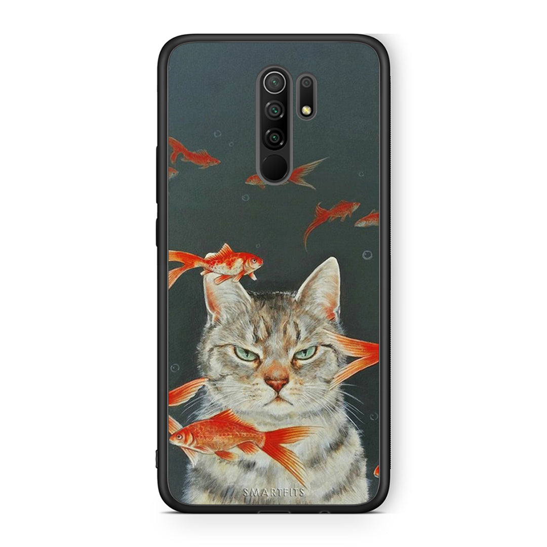 Xiaomi Redmi 9/9 Prime Cat Goldfish θήκη από τη Smartfits με σχέδιο στο πίσω μέρος και μαύρο περίβλημα | Smartphone case with colorful back and black bezels by Smartfits