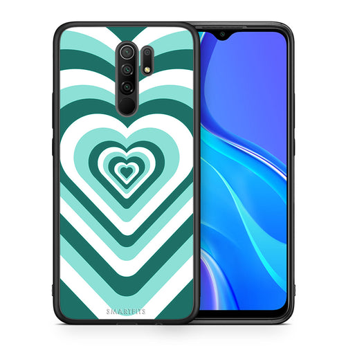 Θήκη Xiaomi Redmi 9/9 Prime Green Hearts από τη Smartfits με σχέδιο στο πίσω μέρος και μαύρο περίβλημα | Xiaomi Redmi 9/9 Prime Green Hearts case with colorful back and black bezels