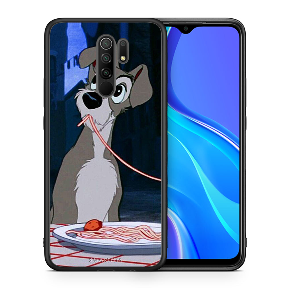 Θήκη Αγίου Βαλεντίνου Xiaomi Redmi 9 / 9 Prime Lady And Tramp 1 από τη Smartfits με σχέδιο στο πίσω μέρος και μαύρο περίβλημα | Xiaomi Redmi 9 / 9 Prime Lady And Tramp 1 case with colorful back and black bezels
