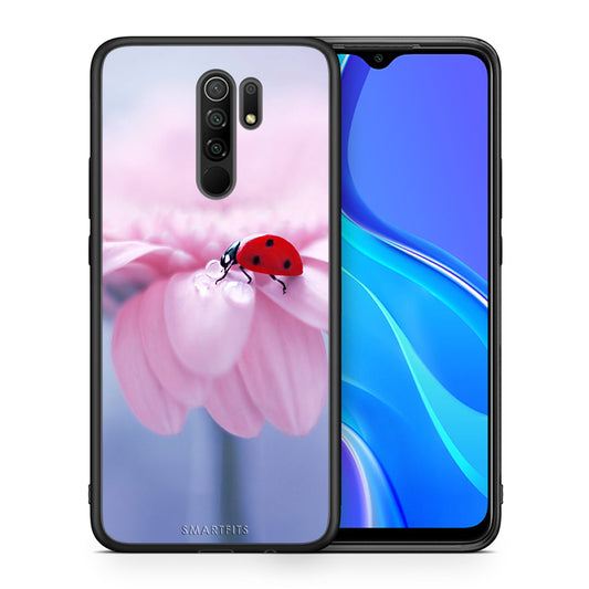 Θήκη Xiaomi Redmi 9/9 Prime Ladybug Flower από τη Smartfits με σχέδιο στο πίσω μέρος και μαύρο περίβλημα | Xiaomi Redmi 9/9 Prime Ladybug Flower case with colorful back and black bezels