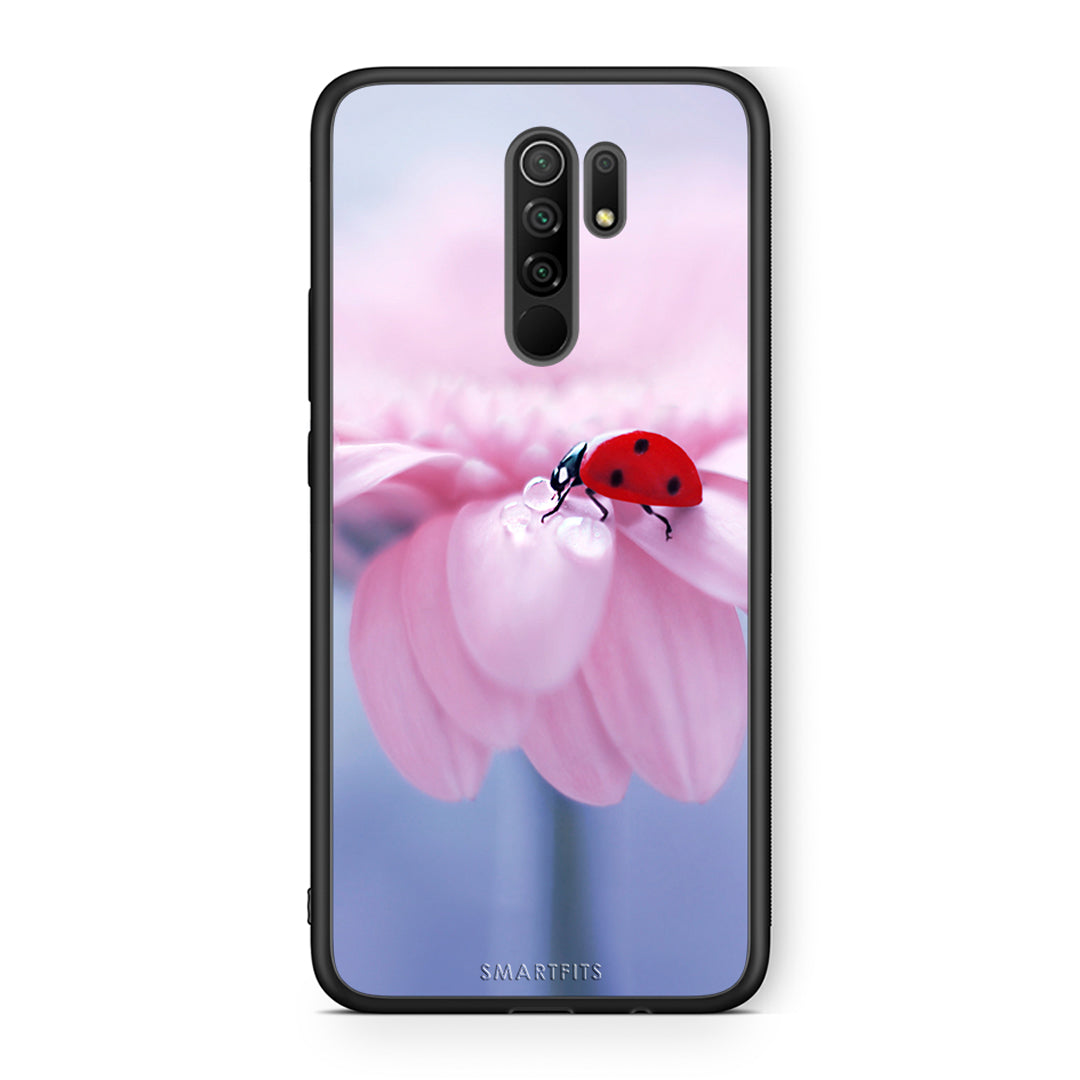 Xiaomi Redmi 9/9 Prime Ladybug Flower θήκη από τη Smartfits με σχέδιο στο πίσω μέρος και μαύρο περίβλημα | Smartphone case with colorful back and black bezels by Smartfits