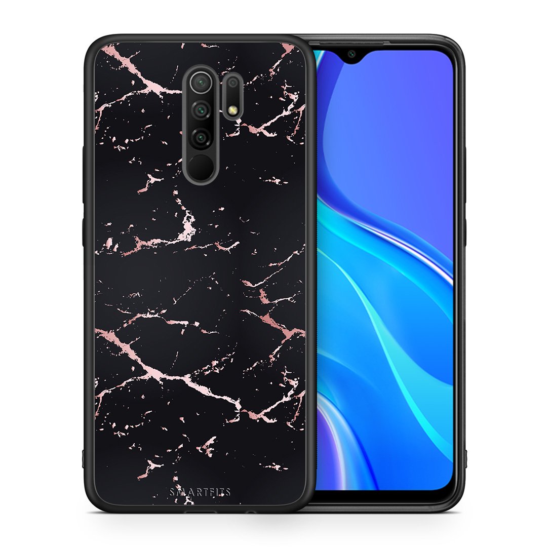 Θήκη Xiaomi Redmi 9/9 Prime Black Rosegold Marble από τη Smartfits με σχέδιο στο πίσω μέρος και μαύρο περίβλημα | Xiaomi Redmi 9/9 Prime Black Rosegold Marble case with colorful back and black bezels