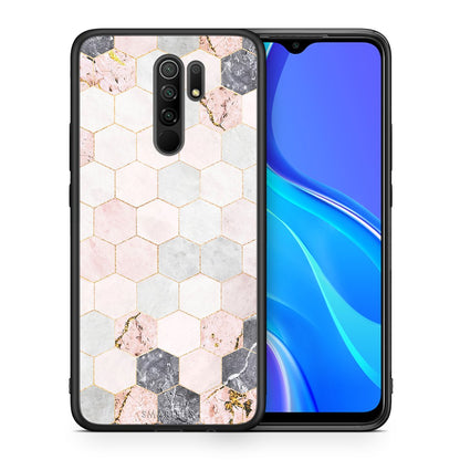 Θήκη Xiaomi Redmi 9/9 Prime Hexagon Pink Marble από τη Smartfits με σχέδιο στο πίσω μέρος και μαύρο περίβλημα | Xiaomi Redmi 9/9 Prime Hexagon Pink Marble case with colorful back and black bezels