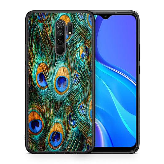 Θήκη Xiaomi Redmi 9/9 Prime Real Peacock Feathers από τη Smartfits με σχέδιο στο πίσω μέρος και μαύρο περίβλημα | Xiaomi Redmi 9/9 Prime Real Peacock Feathers case with colorful back and black bezels