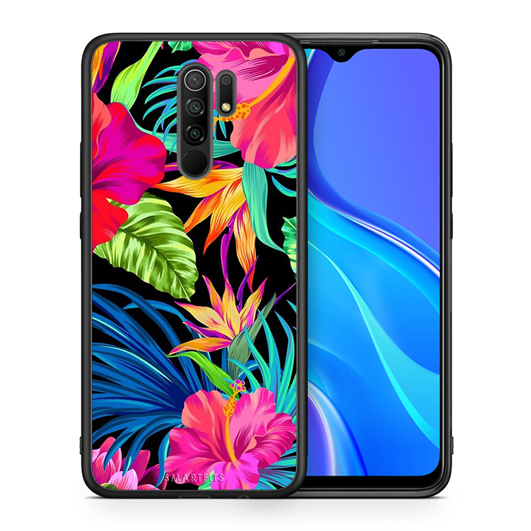Θήκη Xiaomi Redmi 9/9 Prime Tropical Flowers από τη Smartfits με σχέδιο στο πίσω μέρος και μαύρο περίβλημα | Xiaomi Redmi 9/9 Prime Tropical Flowers case with colorful back and black bezels