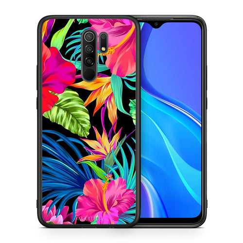 Θήκη Xiaomi Redmi 9/9 Prime Tropical Flowers από τη Smartfits με σχέδιο στο πίσω μέρος και μαύρο περίβλημα | Xiaomi Redmi 9/9 Prime Tropical Flowers case with colorful back and black bezels