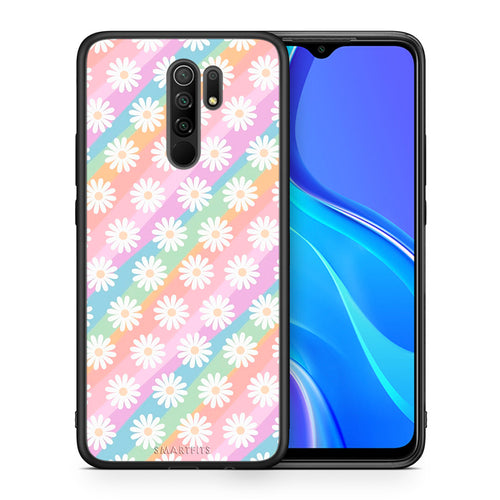 Θήκη Xiaomi Redmi 9/9 Prime White Daisies από τη Smartfits με σχέδιο στο πίσω μέρος και μαύρο περίβλημα | Xiaomi Redmi 9/9 Prime White Daisies case with colorful back and black bezels