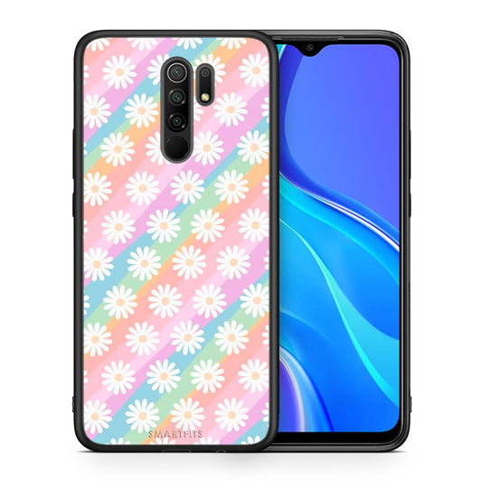 Θήκη Xiaomi Redmi 9/9 Prime White Daisies από τη Smartfits με σχέδιο στο πίσω μέρος και μαύρο περίβλημα | Xiaomi Redmi 9/9 Prime White Daisies case with colorful back and black bezels