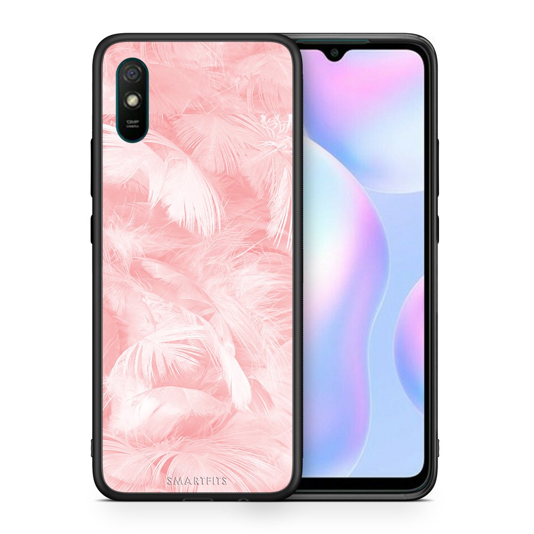 Θήκη Xiaomi Redmi 9A Pink Feather Boho από τη Smartfits με σχέδιο στο πίσω μέρος και μαύρο περίβλημα | Xiaomi Redmi 9A Pink Feather Boho case with colorful back and black bezels