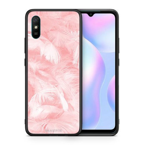 Θήκη Xiaomi Redmi 9A Pink Feather Boho από τη Smartfits με σχέδιο στο πίσω μέρος και μαύρο περίβλημα | Xiaomi Redmi 9A Pink Feather Boho case with colorful back and black bezels