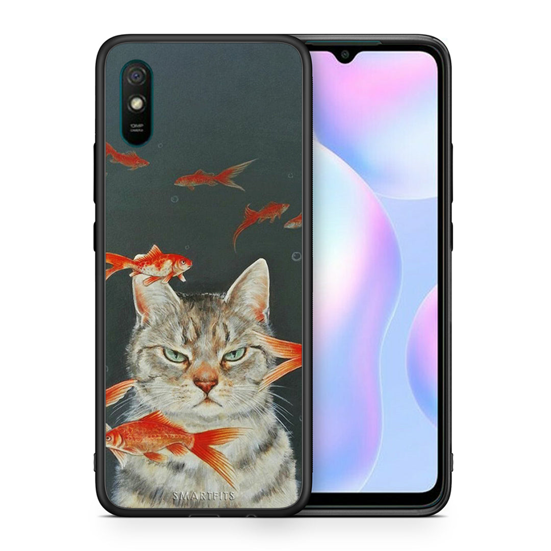 Θήκη Xiaomi Redmi 9A Cat Goldfish από τη Smartfits με σχέδιο στο πίσω μέρος και μαύρο περίβλημα | Xiaomi Redmi 9A Cat Goldfish case with colorful back and black bezels