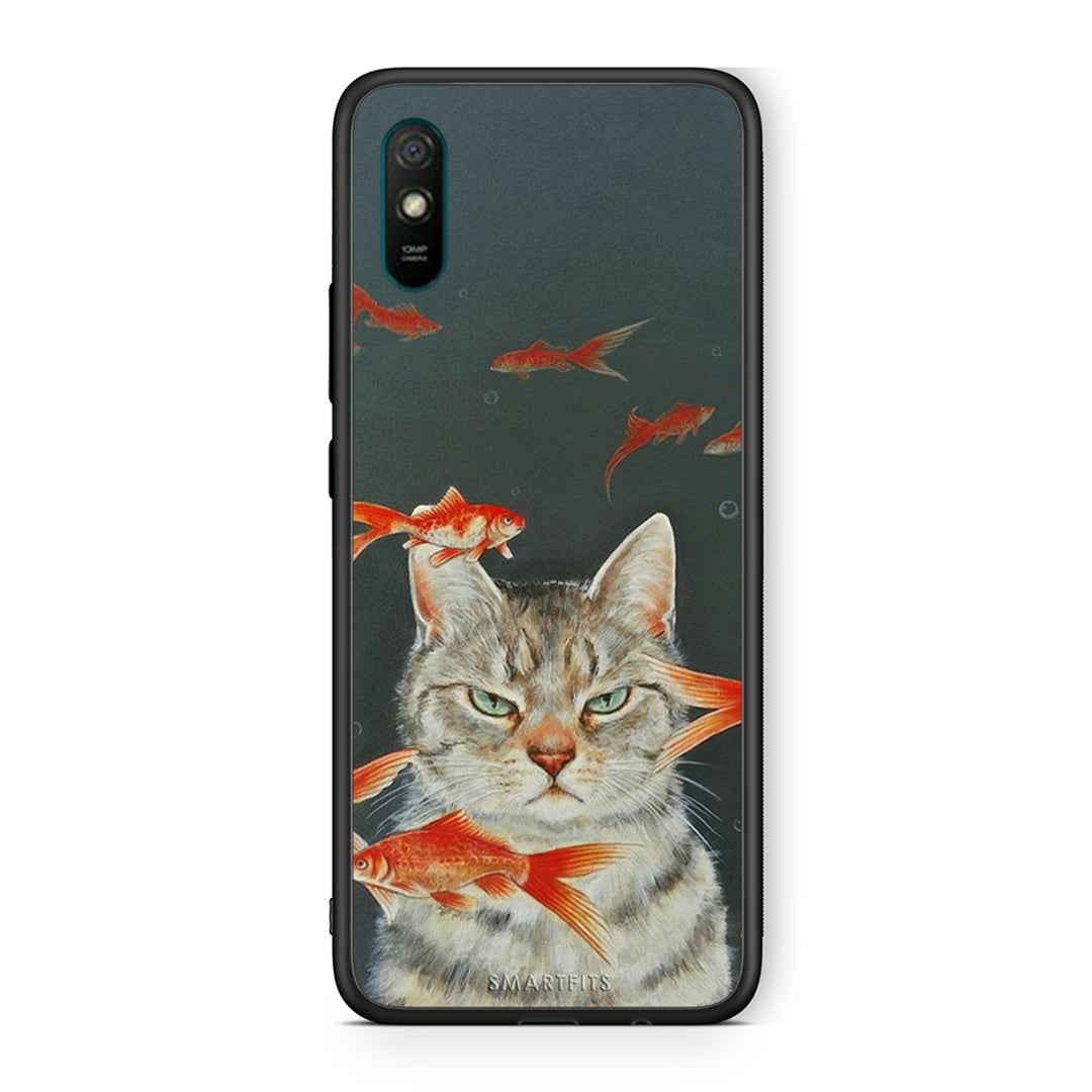 Xiaomi Redmi 9A Cat Goldfish θήκη από τη Smartfits με σχέδιο στο πίσω μέρος και μαύρο περίβλημα | Smartphone case with colorful back and black bezels by Smartfits