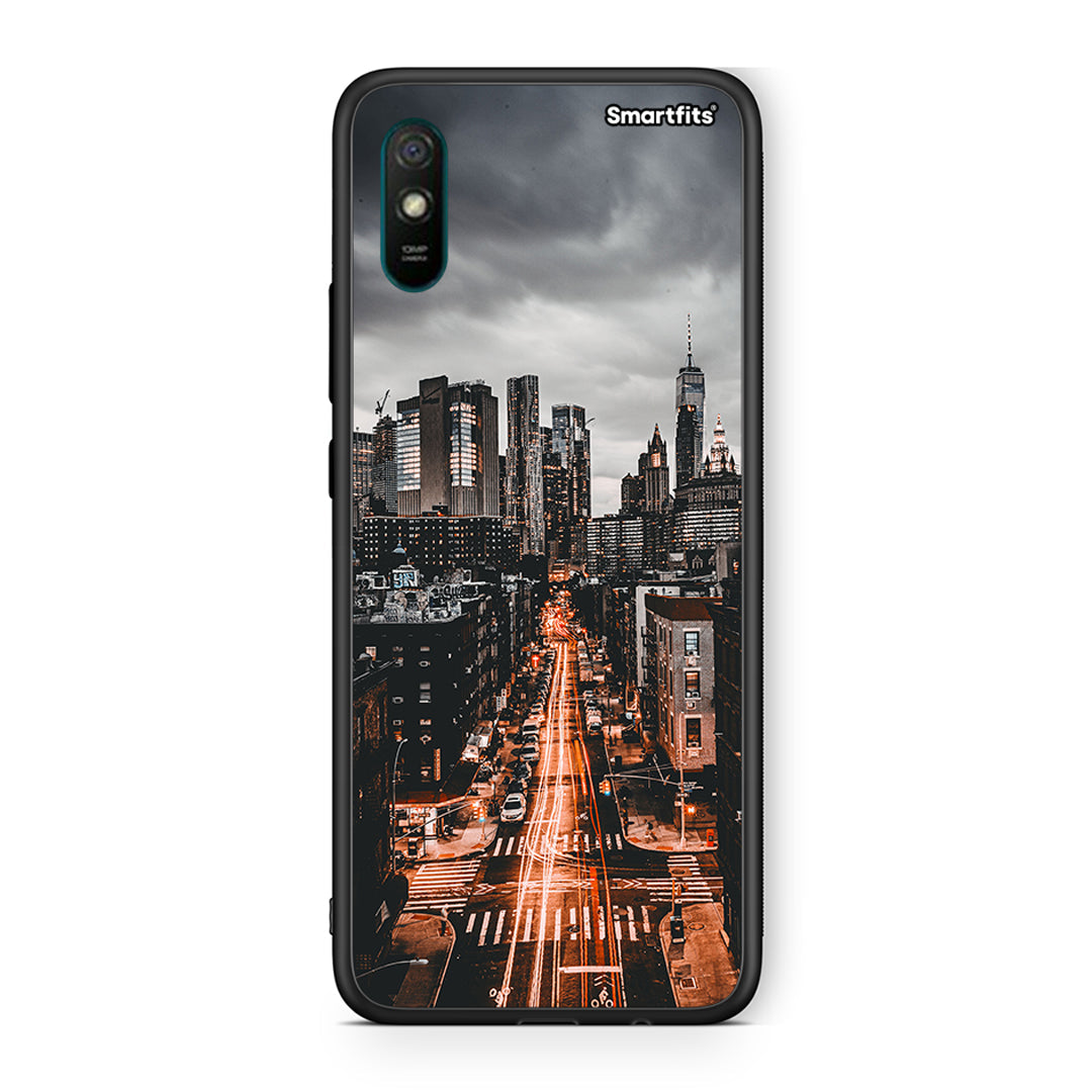Xiaomi Redmi 9A City Lights θήκη από τη Smartfits με σχέδιο στο πίσω μέρος και μαύρο περίβλημα | Smartphone case with colorful back and black bezels by Smartfits