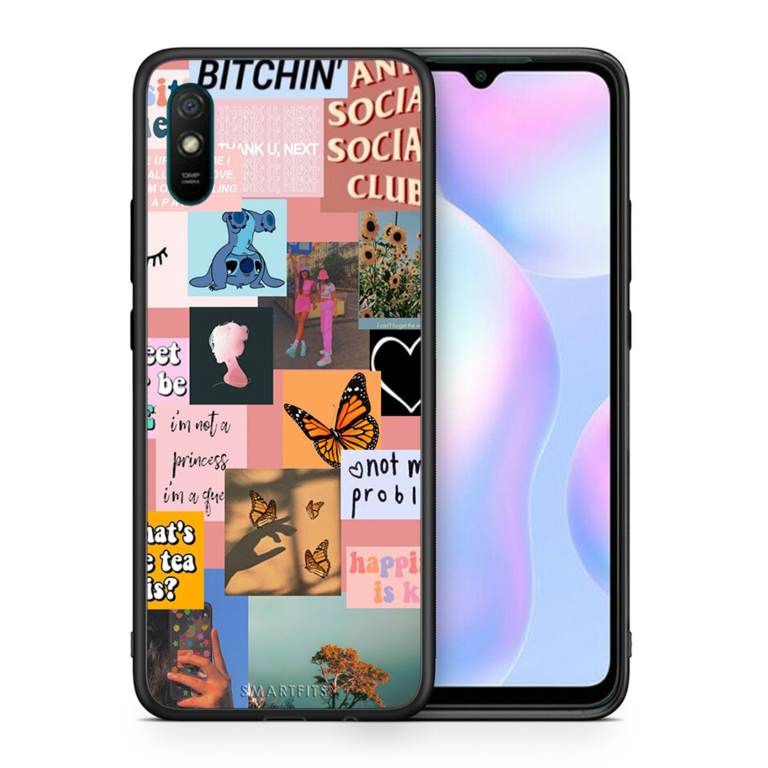 Θήκη Αγίου Βαλεντίνου Xiaomi Redmi 9A Collage Bitchin από τη Smartfits με σχέδιο στο πίσω μέρος και μαύρο περίβλημα | Xiaomi Redmi 9A Collage Bitchin case with colorful back and black bezels