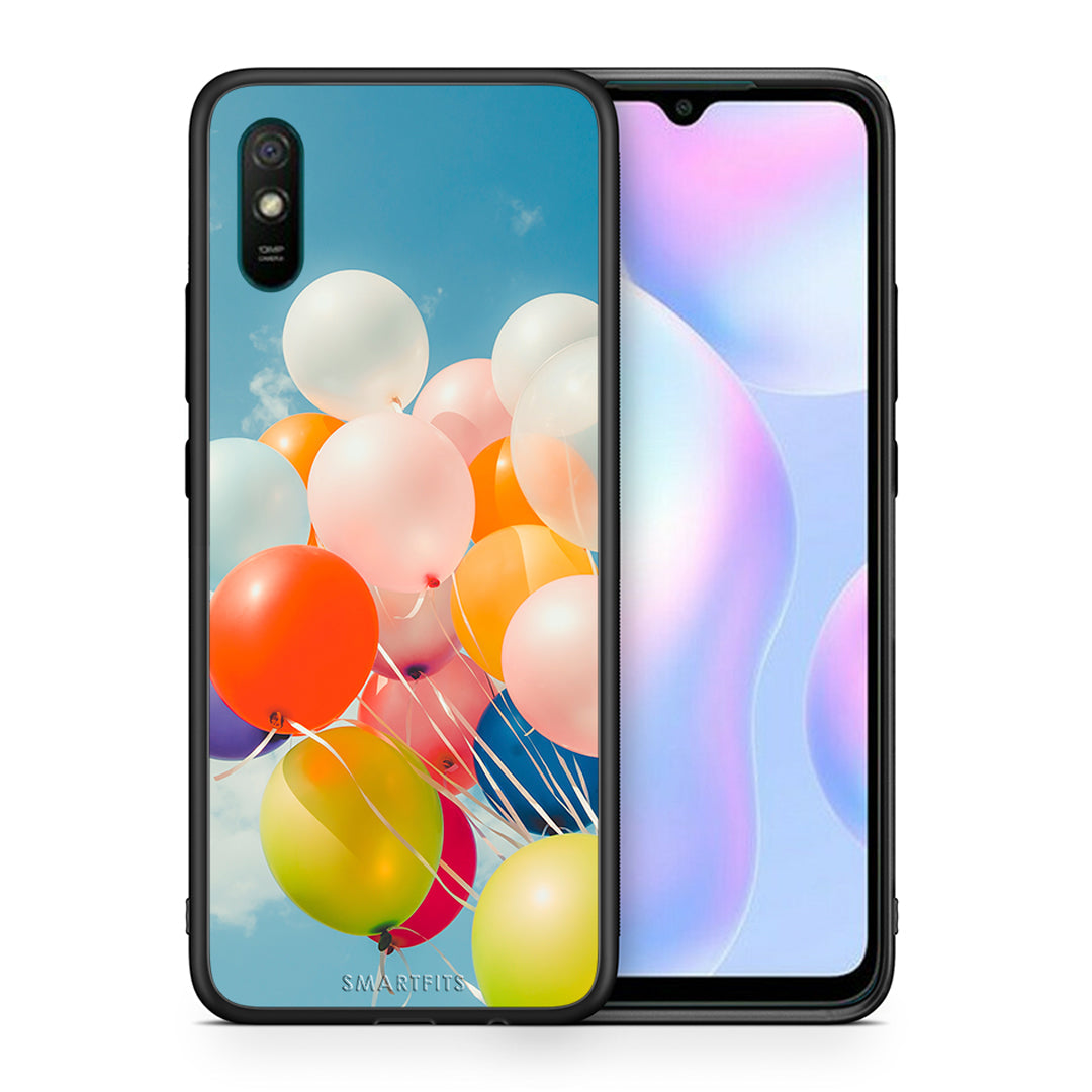 Θήκη Xiaomi Redmi 9A Colorful Balloons από τη Smartfits με σχέδιο στο πίσω μέρος και μαύρο περίβλημα | Xiaomi Redmi 9A Colorful Balloons case with colorful back and black bezels
