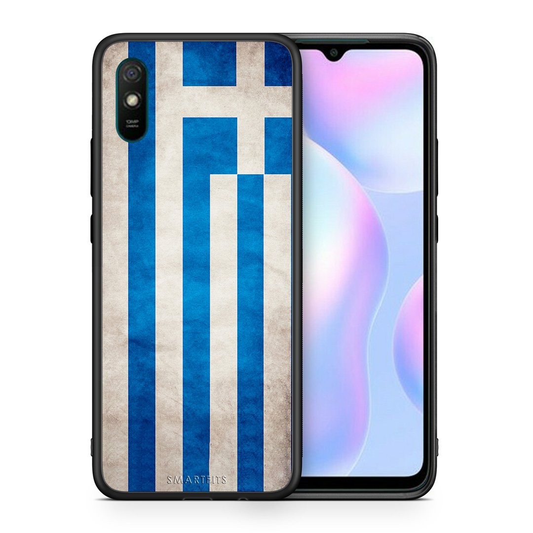Θήκη Xiaomi Redmi 9A Greek Flag από τη Smartfits με σχέδιο στο πίσω μέρος και μαύρο περίβλημα | Xiaomi Redmi 9A Greek Flag case with colorful back and black bezels