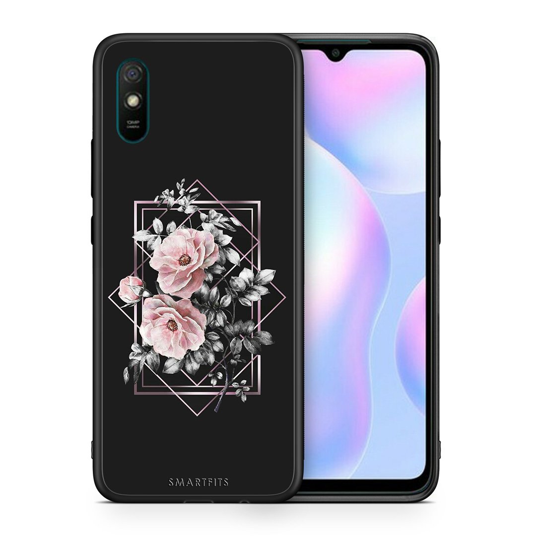 Θήκη Xiaomi Redmi 9A Frame Flower από τη Smartfits με σχέδιο στο πίσω μέρος και μαύρο περίβλημα | Xiaomi Redmi 9A Frame Flower case with colorful back and black bezels