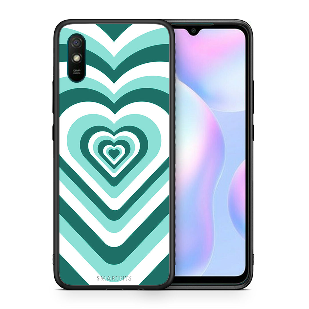 Θήκη Xiaomi Redmi 9A Green Hearts από τη Smartfits με σχέδιο στο πίσω μέρος και μαύρο περίβλημα | Xiaomi Redmi 9A Green Hearts case with colorful back and black bezels