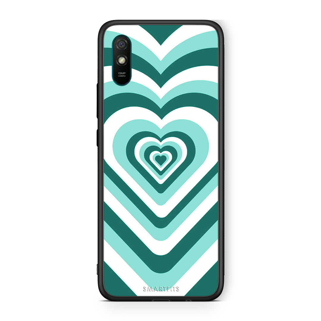 Xiaomi Redmi 9A Green Hearts θήκη από τη Smartfits με σχέδιο στο πίσω μέρος και μαύρο περίβλημα | Smartphone case with colorful back and black bezels by Smartfits