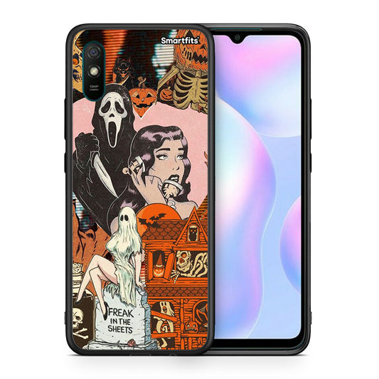 Θήκη Xiaomi Redmi 9A Halloween Collage από τη Smartfits με σχέδιο στο πίσω μέρος και μαύρο περίβλημα | Xiaomi Redmi 9A Halloween Collage case with colorful back and black bezels
