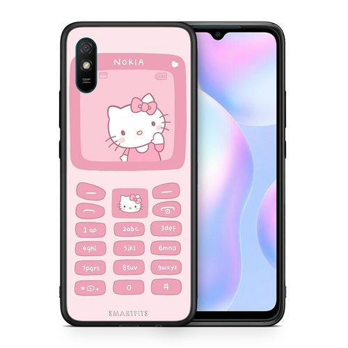 Θήκη Αγίου Βαλεντίνου Xiaomi Redmi 9A Hello Kitten από τη Smartfits με σχέδιο στο πίσω μέρος και μαύρο περίβλημα | Xiaomi Redmi 9A Hello Kitten case with colorful back and black bezels